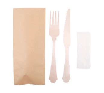 Conjunto Garfo+Faca de Madeira de 20cm + Guardanapo – 100 Unidades