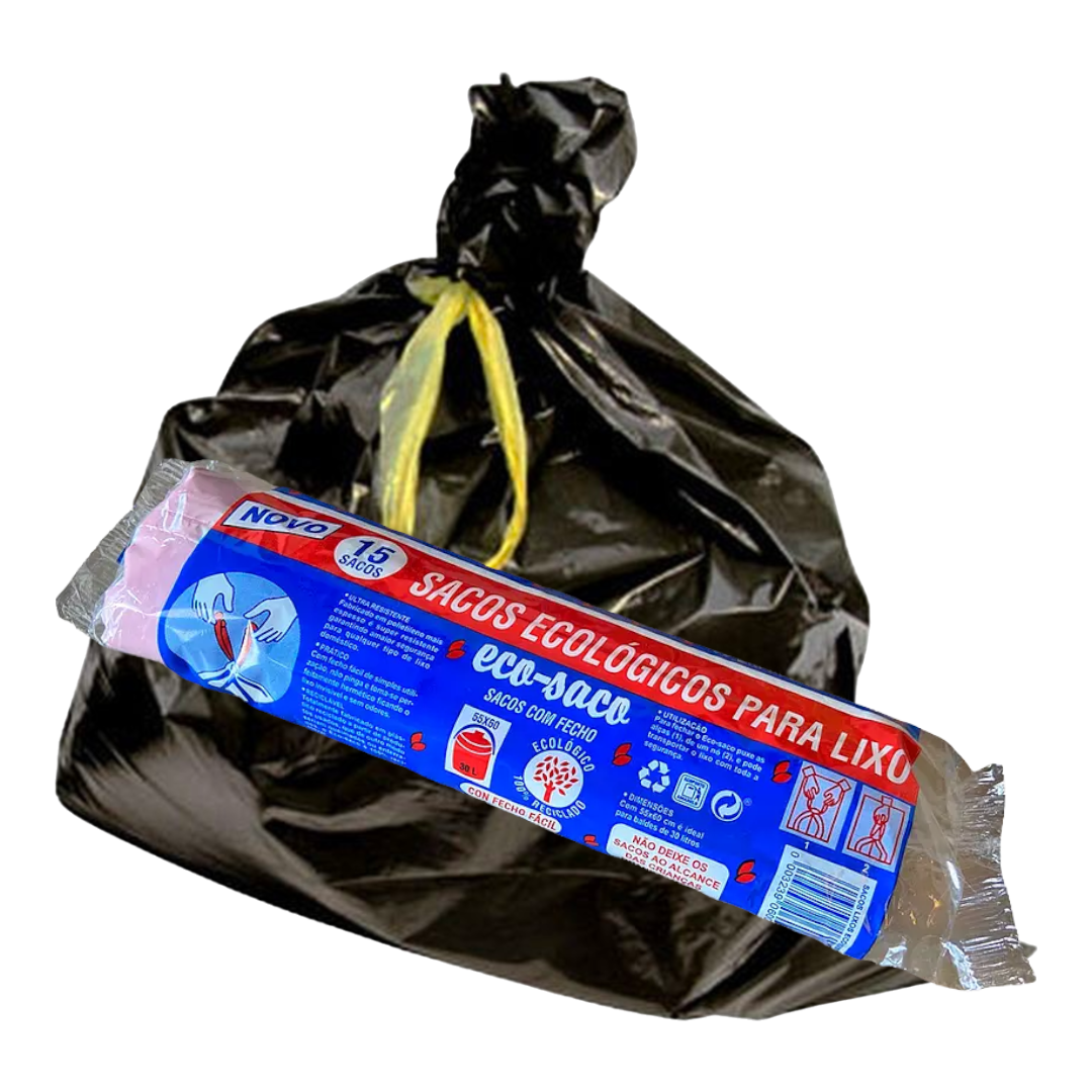 Sacos do Lixo 30l com Fecho Fácil - 15 Sacos - Preto